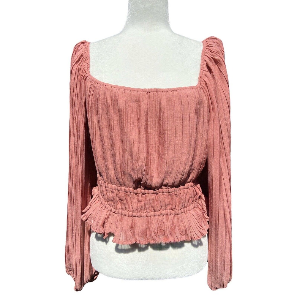 ASTR The Label Smocked Cropped Long Sleeve Pink Bell Sleeves Size Large